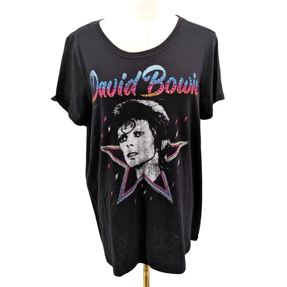 David Bowie Graphic Band Tee Rhinestone Licensed Rock T Shirt Black Size 1 XL